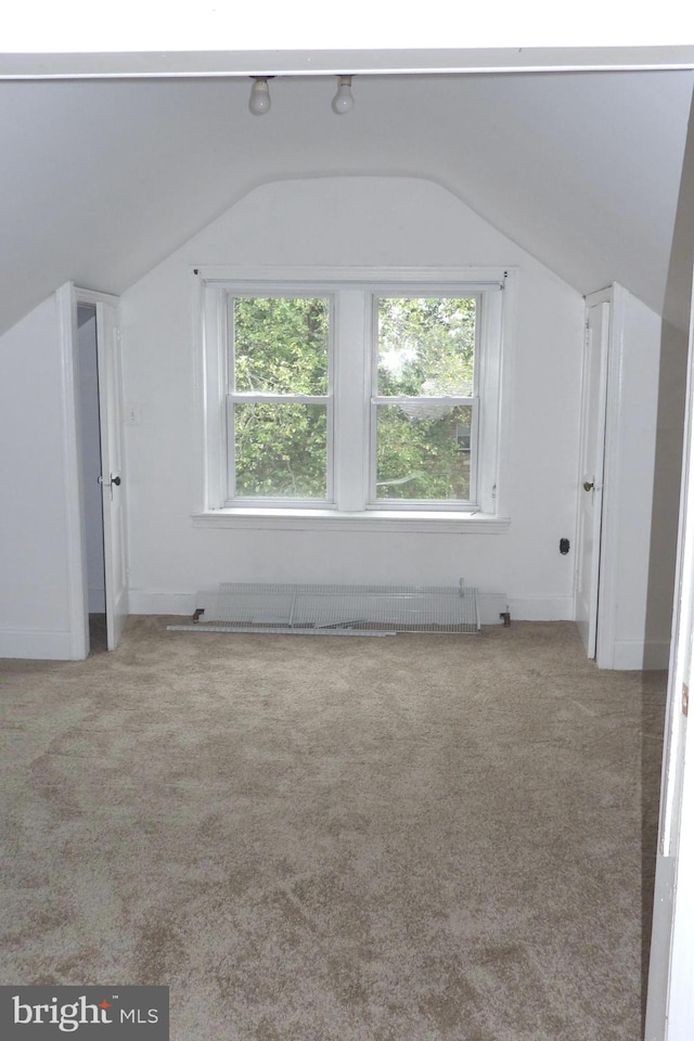 bonus room featuring a baseboard radiator, a wealth of natural light, lofted ceiling, and light colored carpet