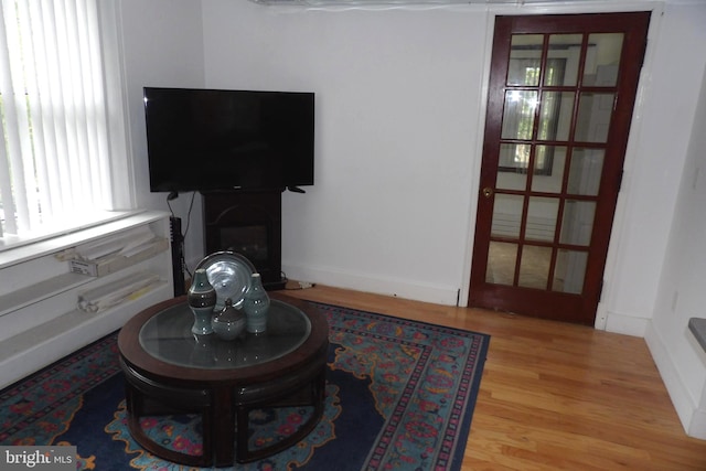 living room with light hardwood / wood-style flooring and a fireplace