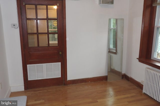 interior space featuring light hardwood / wood-style flooring, radiator heating unit, and a wealth of natural light