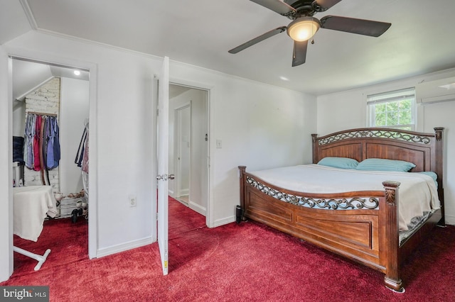 bedroom featuring crown molding, dark carpet, and ceiling fan