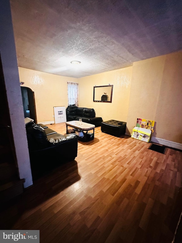 living room featuring hardwood / wood-style floors and a textured ceiling