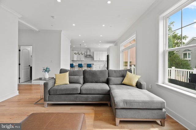 living room featuring light wood-type flooring and crown molding