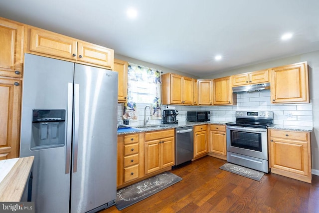 kitchen with backsplash, dark hardwood / wood-style flooring, light stone counters, sink, and appliances with stainless steel finishes