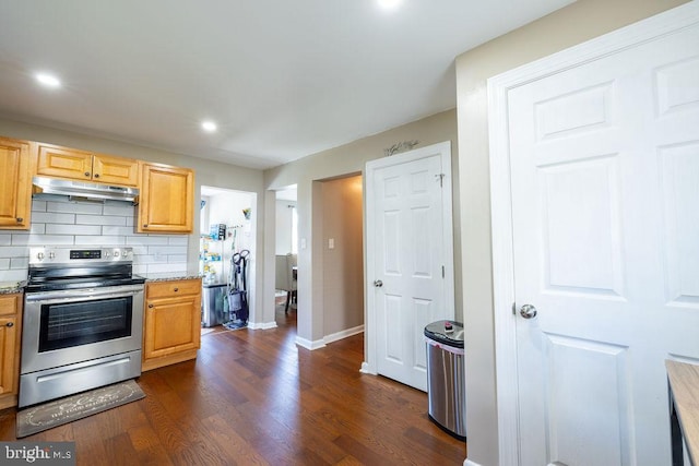 kitchen with light stone countertops, electric range, decorative backsplash, and dark hardwood / wood-style flooring