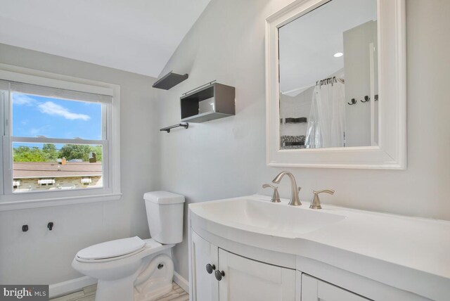 bathroom featuring vanity, toilet, and vaulted ceiling