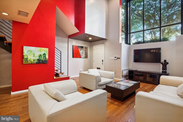 living room featuring a high ceiling and wood-type flooring