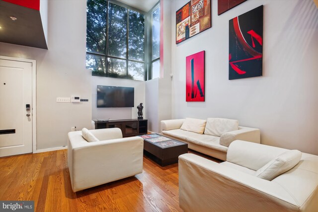 living room with a towering ceiling and wood-type flooring