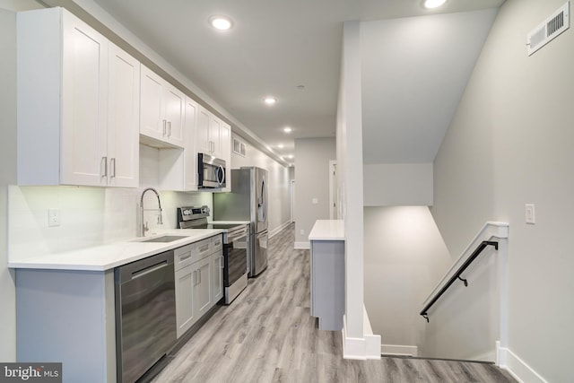 kitchen featuring white cabinets, sink, light hardwood / wood-style flooring, backsplash, and stainless steel appliances