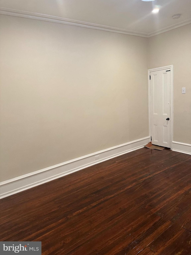 spare room featuring ornamental molding and dark hardwood / wood-style flooring