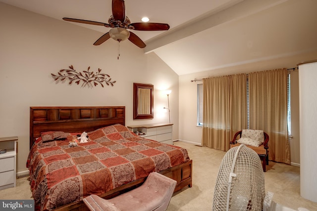 carpeted bedroom featuring vaulted ceiling with beams and ceiling fan