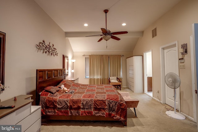 carpeted bedroom featuring ceiling fan and vaulted ceiling