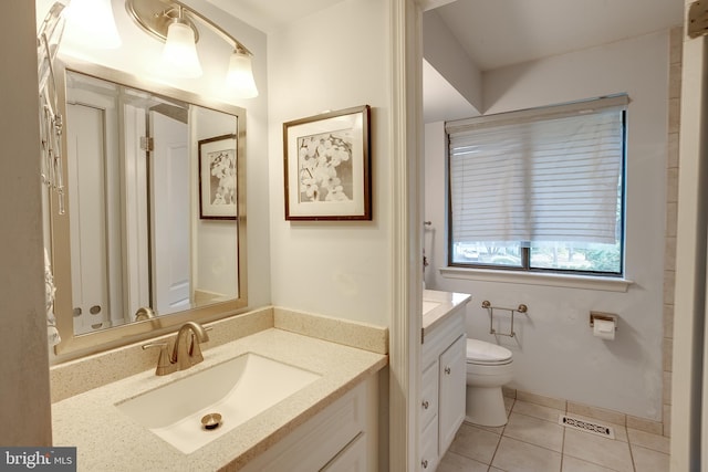 bathroom with vanity, toilet, and tile patterned floors