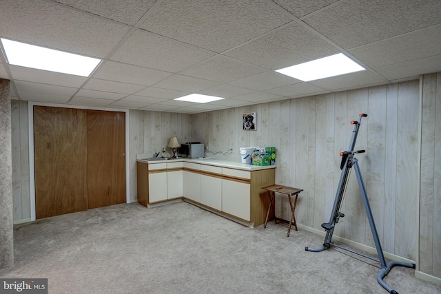 basement with a drop ceiling, light colored carpet, and wood walls