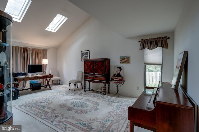 home office featuring light carpet and high vaulted ceiling