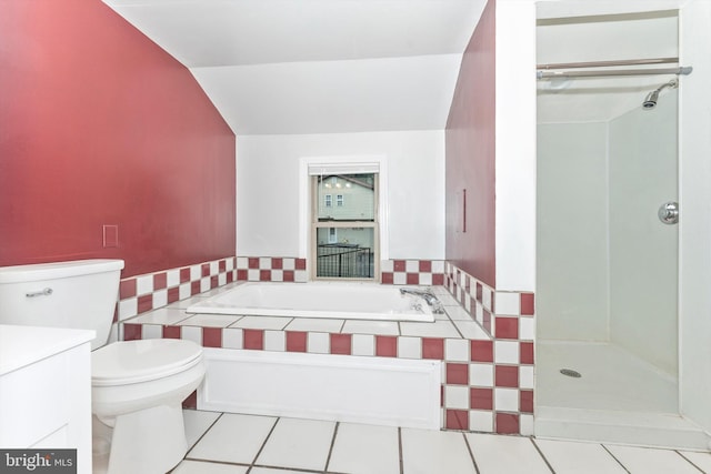 full bathroom featuring tile patterned flooring, lofted ceiling, independent shower and bath, vanity, and toilet