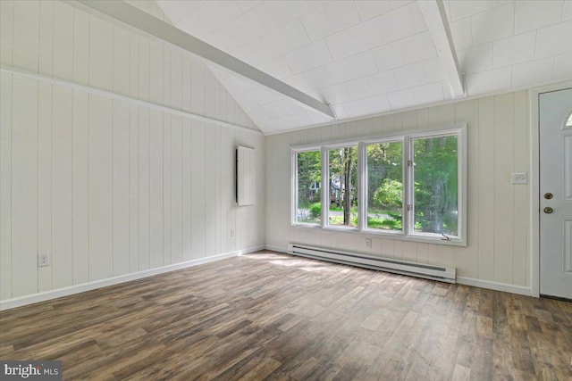 spare room featuring vaulted ceiling with beams, dark hardwood / wood-style floors, and baseboard heating