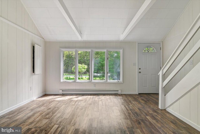 unfurnished living room featuring lofted ceiling with beams, wooden walls, dark wood-type flooring, and a baseboard radiator