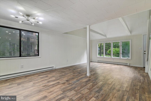 unfurnished room featuring hardwood / wood-style floors, an inviting chandelier, baseboard heating, and wooden walls