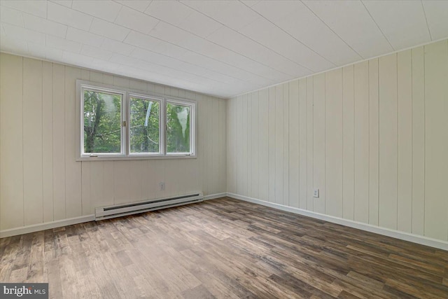 unfurnished room with wood-type flooring, a baseboard radiator, and wood walls