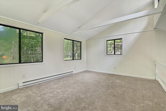 carpeted spare room featuring baseboard heating and vaulted ceiling with beams