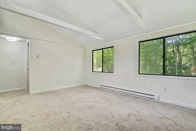 carpeted spare room with lofted ceiling with beams and a baseboard heating unit