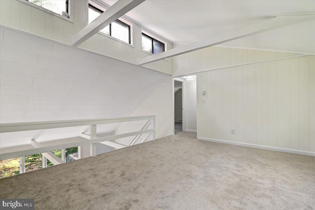 interior space with wooden walls, carpet, and high vaulted ceiling