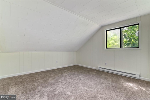 bonus room with carpet floors, vaulted ceiling, and baseboard heating