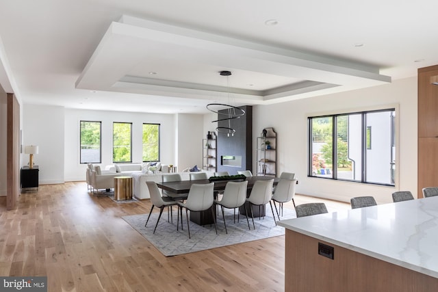 dining area with light wood-type flooring and a tray ceiling