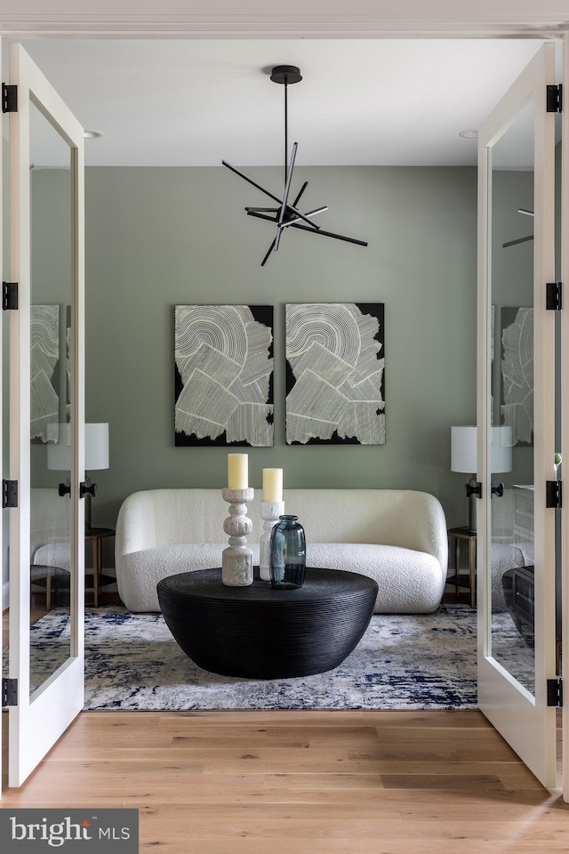 bathroom featuring wood-type flooring and french doors