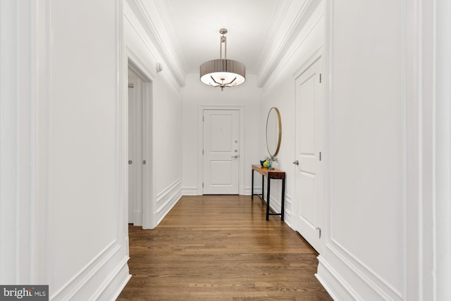 interior space featuring ornamental molding and dark hardwood / wood-style floors