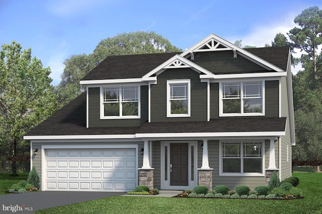 craftsman-style house with driveway and a front lawn