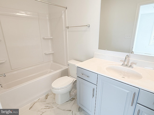 full bathroom with marble finish floor, vanity,  shower combination, and toilet