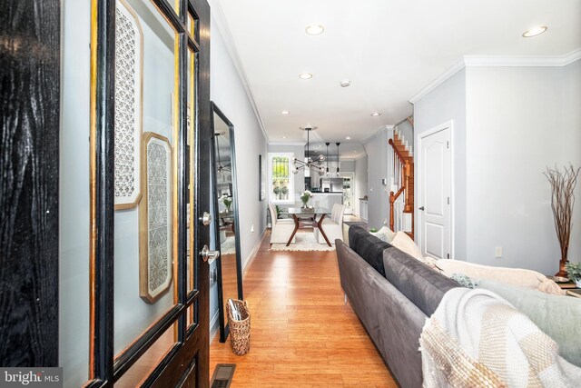 entryway with crown molding and light hardwood / wood-style flooring