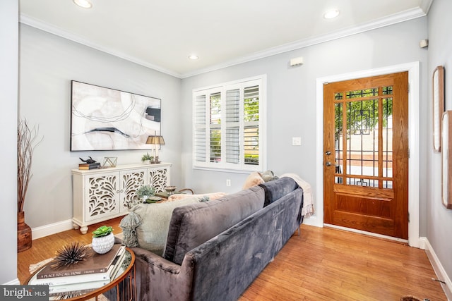 living room with crown molding and light hardwood / wood-style floors