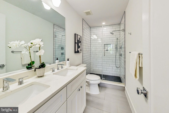 bathroom with tile patterned floors, walk in shower, vanity, and toilet