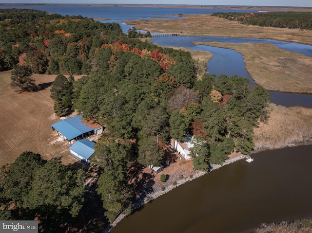 aerial view featuring a water view