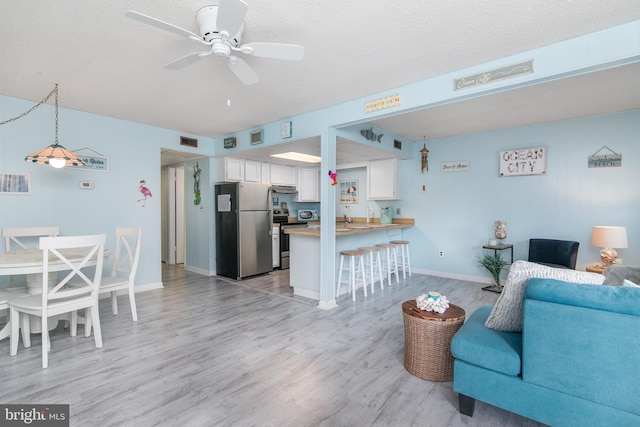 715 142nd St Unit 42304, Ocean City, MD 21842 - living area with light wood-type flooring, baseboards, a textured ceiling, ceiling fan, and visible vents