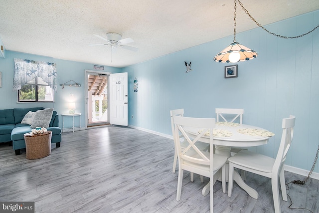 dining space with wood-type flooring, ceiling fan, and a textured ceiling