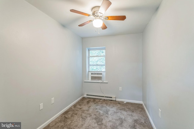 empty room with a baseboard radiator, cooling unit, light colored carpet, and ceiling fan