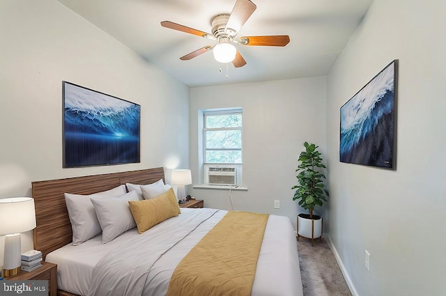 bedroom with carpet, cooling unit, and ceiling fan