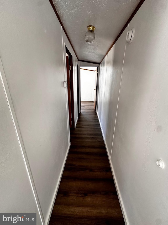 hallway featuring crown molding, a textured ceiling, and dark hardwood / wood-style flooring