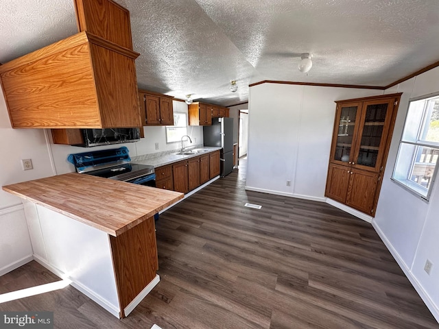 kitchen with appliances with stainless steel finishes, plenty of natural light, kitchen peninsula, and vaulted ceiling