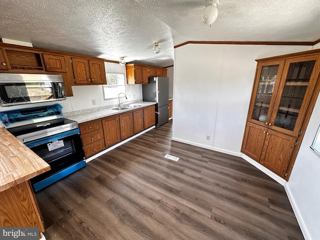 kitchen featuring a textured ceiling, vaulted ceiling, crown molding, dark wood-type flooring, and stainless steel appliances