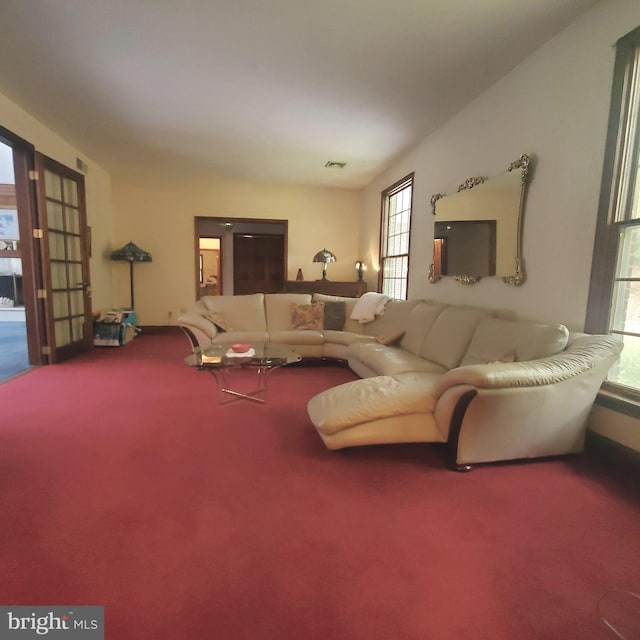 carpeted living room with vaulted ceiling