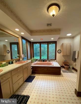 bathroom with a tub to relax in and vanity