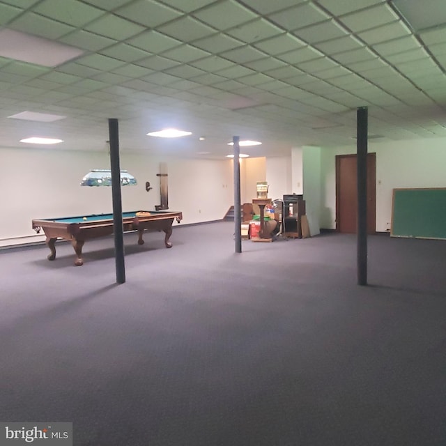 rec room with a drop ceiling, carpet, and billiards