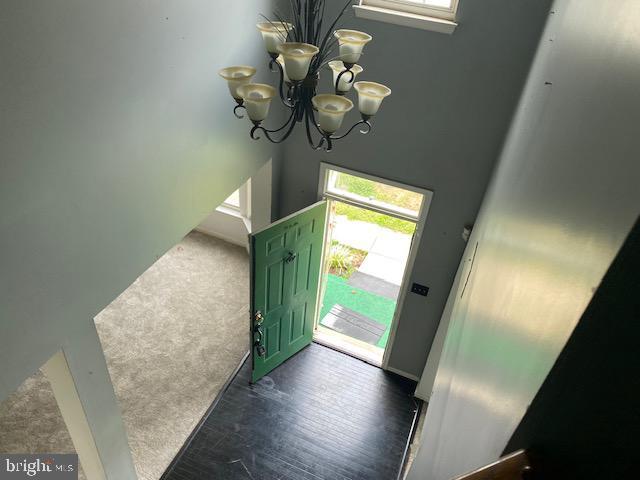 foyer entrance featuring dark wood-type flooring, a towering ceiling, and a chandelier