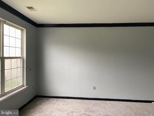 unfurnished room featuring ornamental molding and light carpet