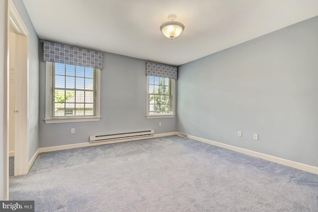 carpeted empty room featuring baseboard heating