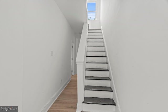 stairway with hardwood / wood-style flooring